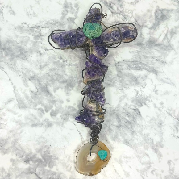 Handmade Folk Art Raw Amethyst Chunk Stone Wrapped Christian Cross Wall Hanger - Picture 1 of 12